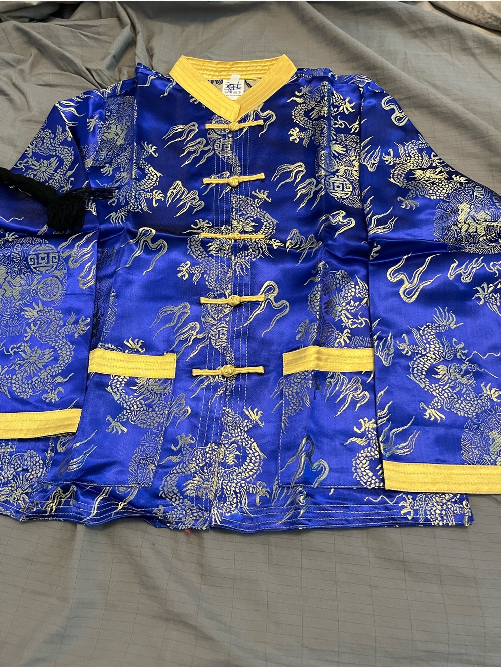 Kids Blue and Gold Dragon Satin Blazer - Classic Mandarin Style